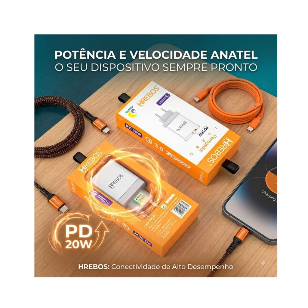Carregador De Parede Hrebos Duplo Usb + Tipo C Pd 20w Turbo Hrebos HS-135