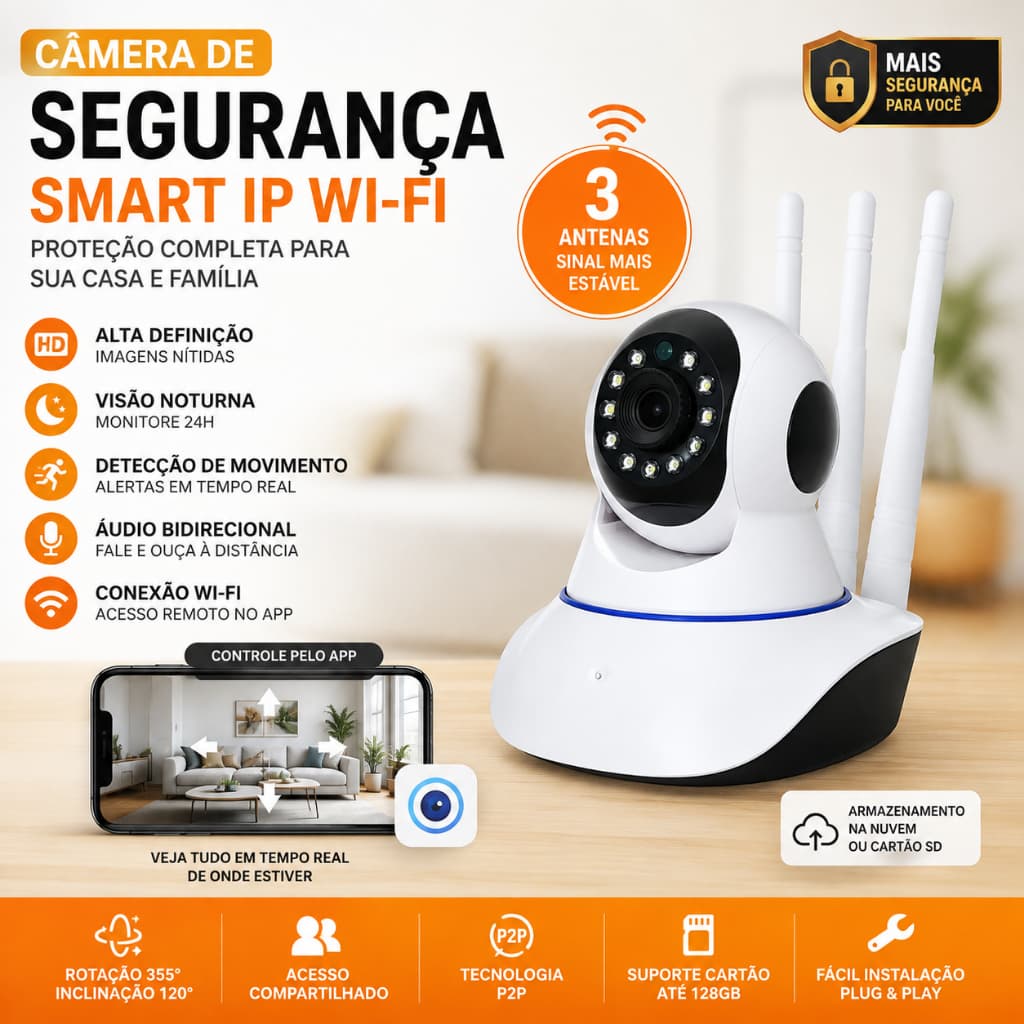 Câmera Segurança WiFi Smart IP 3 Antenas Visão Noturna P2P