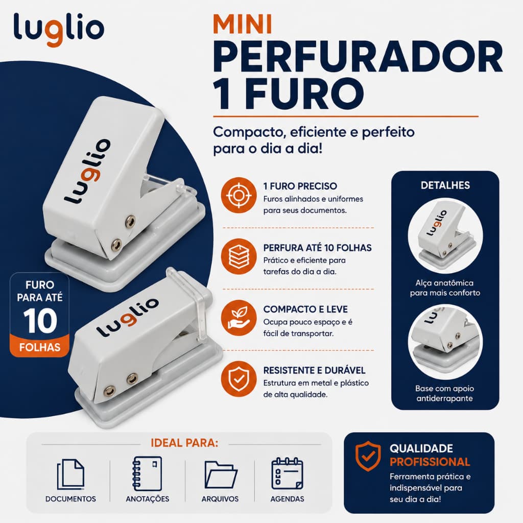 Perfurador de Papel Manual 6mm - Mini Furo Único. Estudantes e papelaria, faz buracos redondos em folhas soltas