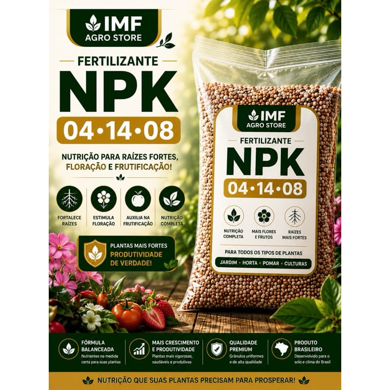 Adubo Fertilizante NPK 04-14-08 para Plantas, Flores, Hortas e Jardins