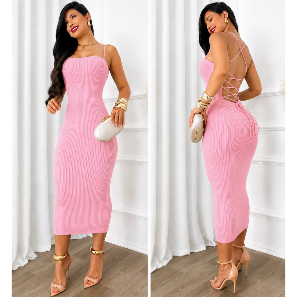 Vestido Midi Elegance Canelado com Costas em Amarração.