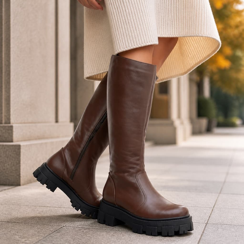 Bota Montaria Feminina Couro Legitimo Sola Tratorada Cano Longo