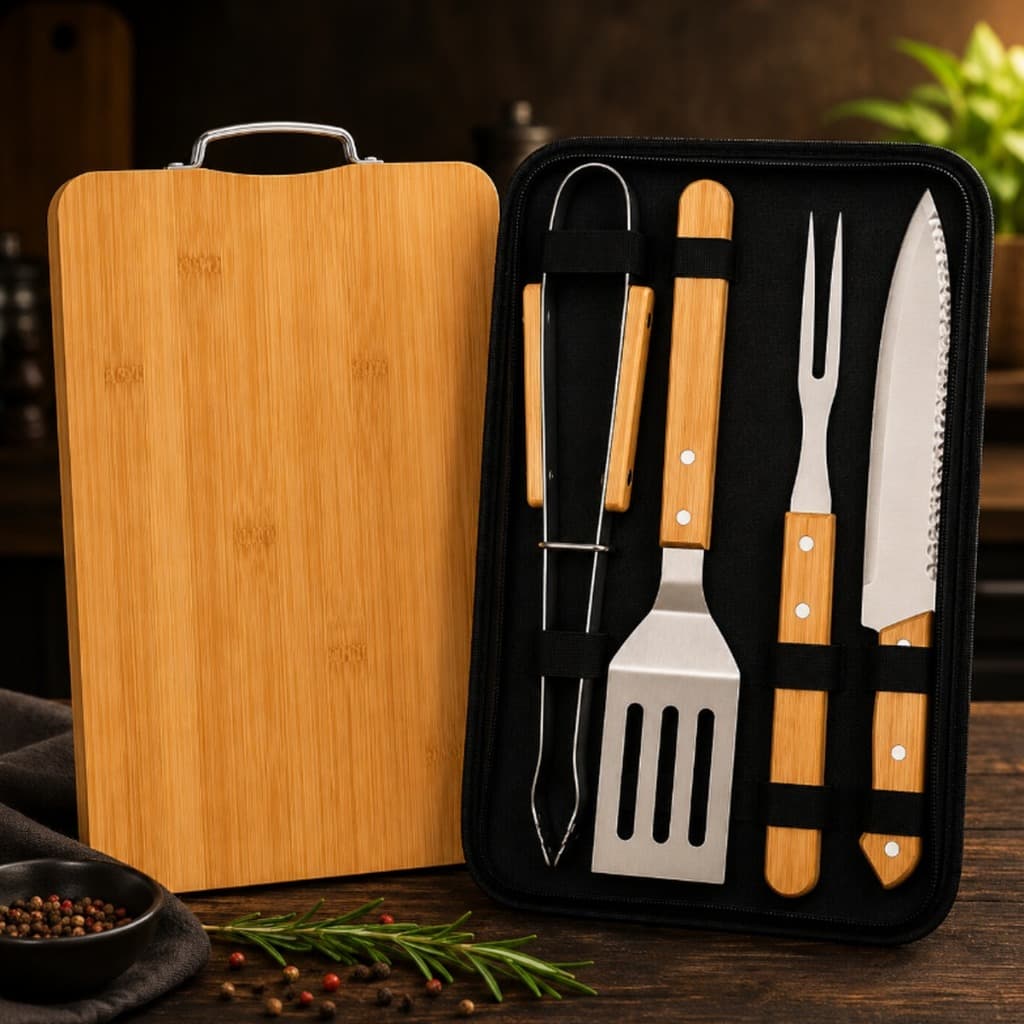 Kit Jogo De Facas Com Tábua Conjunto Estojo Completo Inox Bambu Moderno Cozinha Churrasco Carne