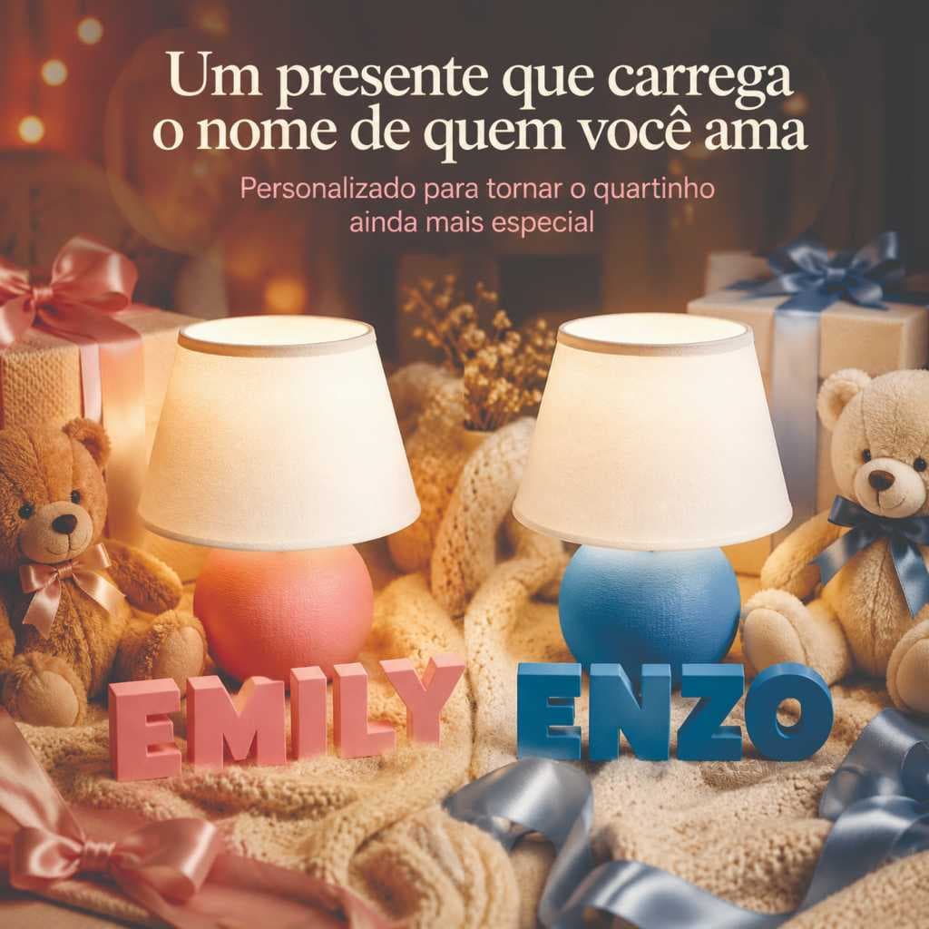 Luminária Infantil Abajur Quarto Bebê Com Lâmpada Inclusa Filtro Vermelho Luz Quente e nome da criança