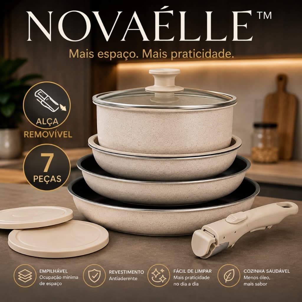 **Jogo de Panelas NOVAÉLLE™ 7 Peças com Alça Removível Antiaderente – Panelas, Frigideiras e Tampas para Cozinha**