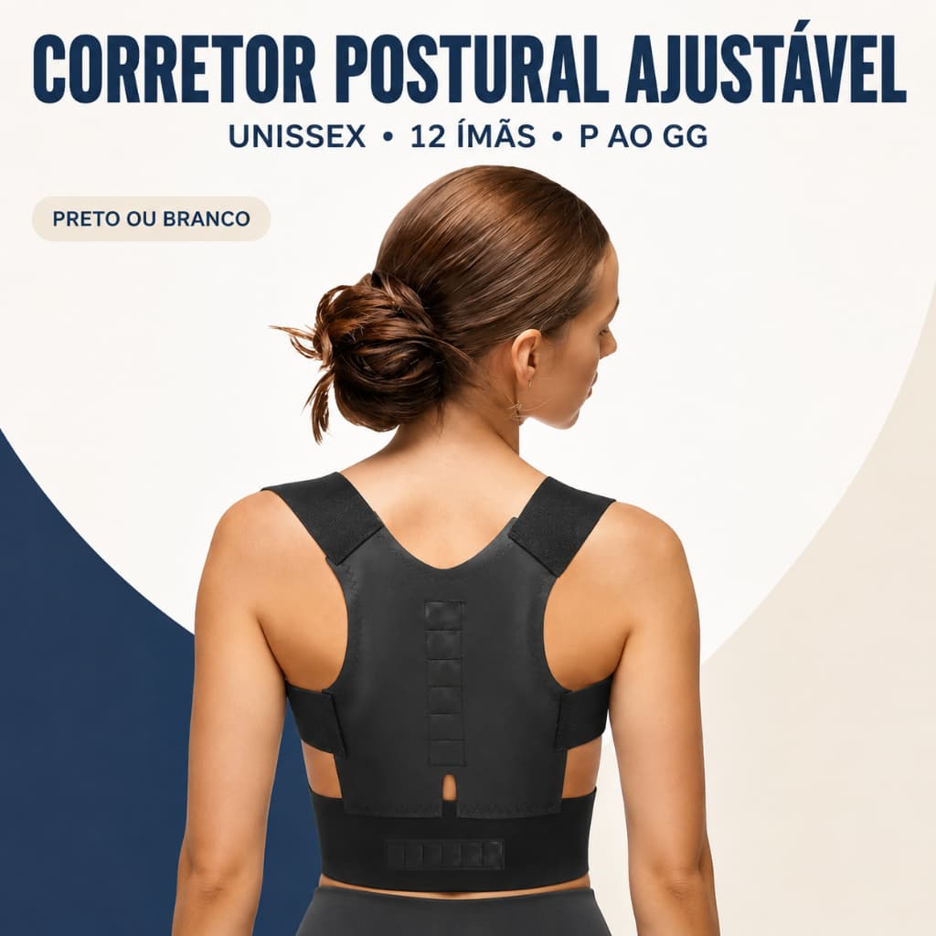 Corretor Postural Magnético Unissex 12 Ímãs Colete Ajusta para Ombros e Costas P ao GG Preto ou Branco