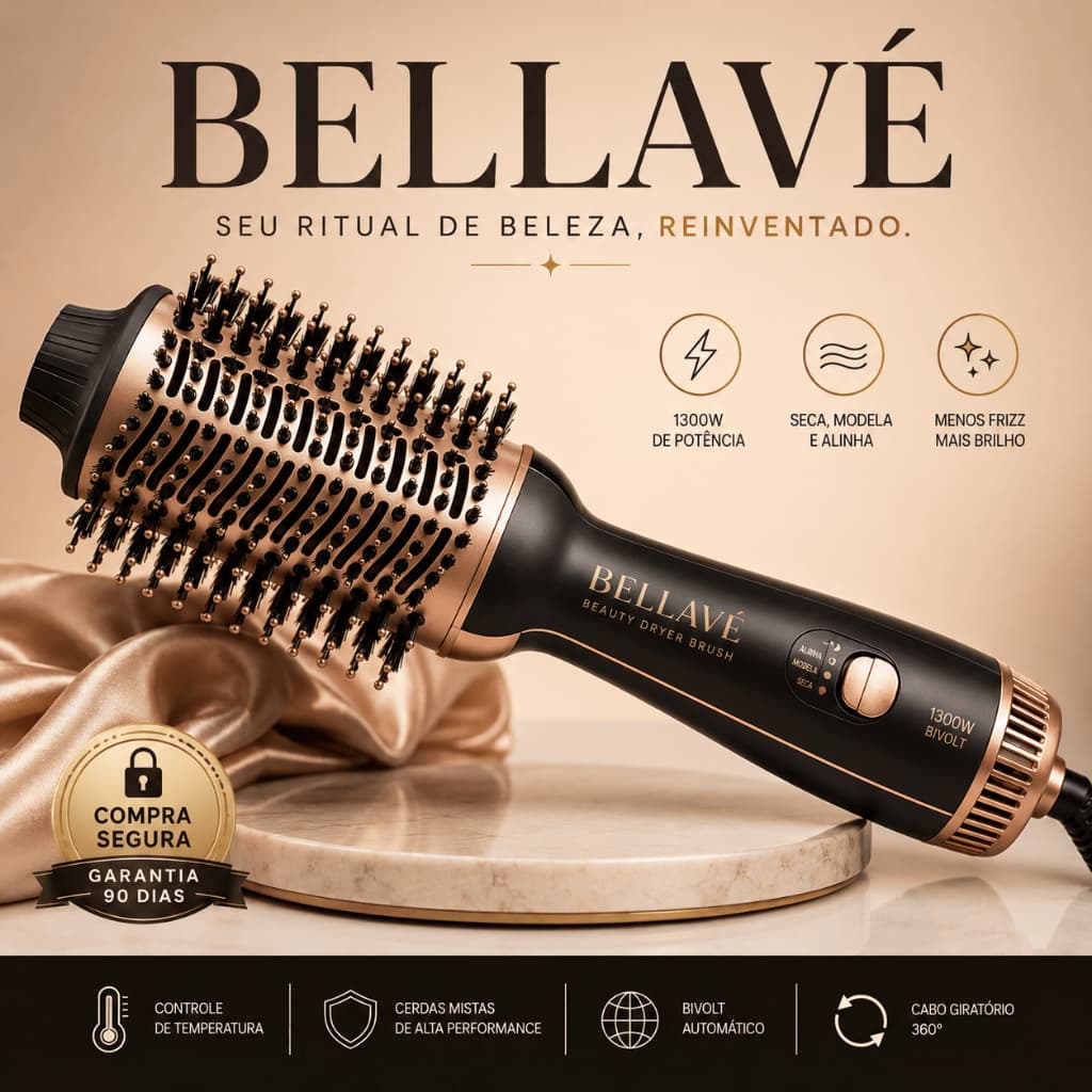 Escova Secadora Bellavé 1300W Bivolt Profissional 3 em 1 Alisadora Modeladora