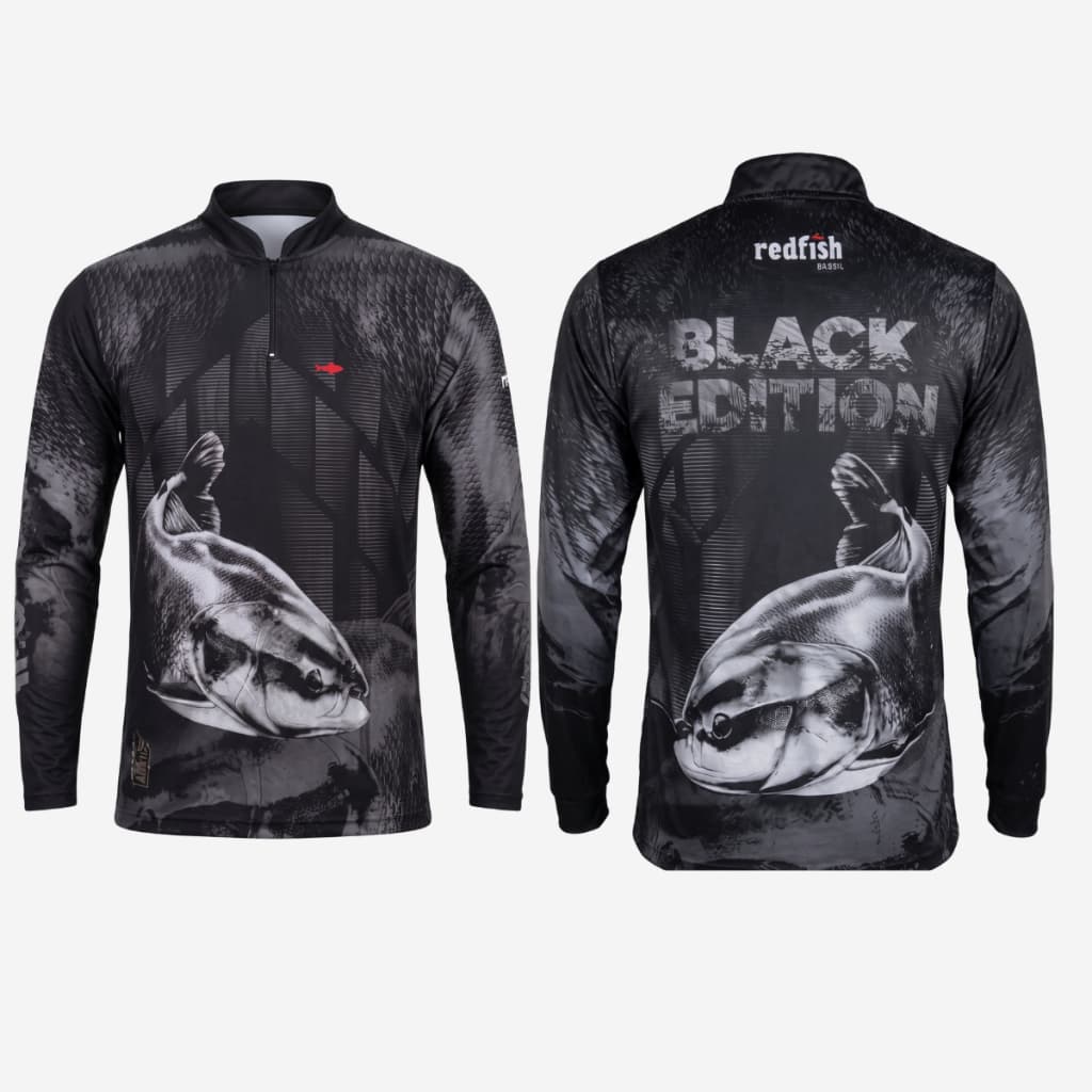 Kit 2 Camisas Camiseta Blusa Proteção Solar Uv Pesca Tambaqui Preto Manga Longa Gola Padre Zíper Esportiva