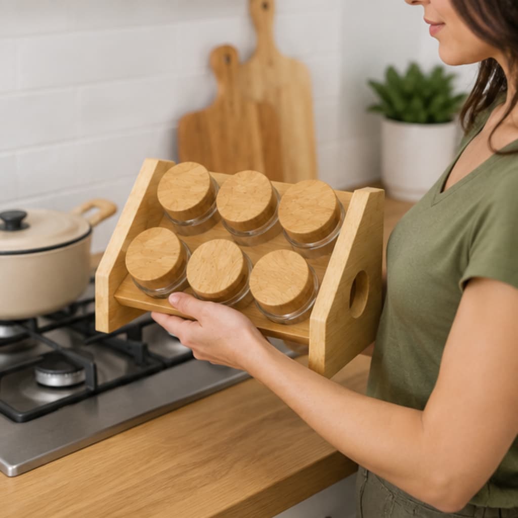 Kit Porta Temperos Condimentos Hermético com Suporte de Bambu Potes Tempero Tampa Organizador para Cozinha