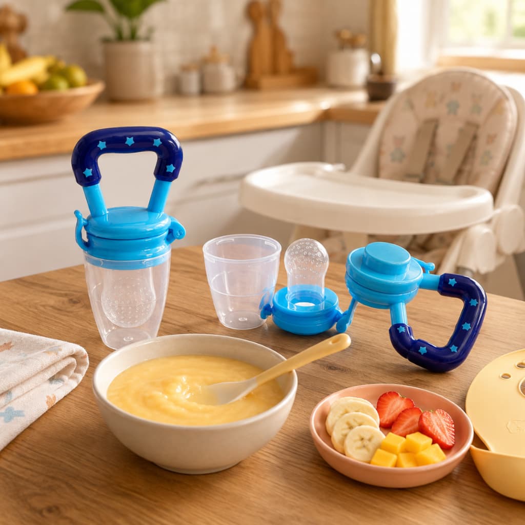 CHUPETA PARA INTRODUÇÃO ALIMENTAR - MORDEDOR C/ BICO EM SILICONE PARA BEBÊS C/ TAMPA PROTETORA