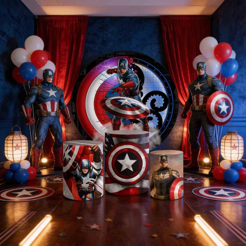 Kit Capas Decoração Painel e Cilindros Painel de Mesa Festa Herói América