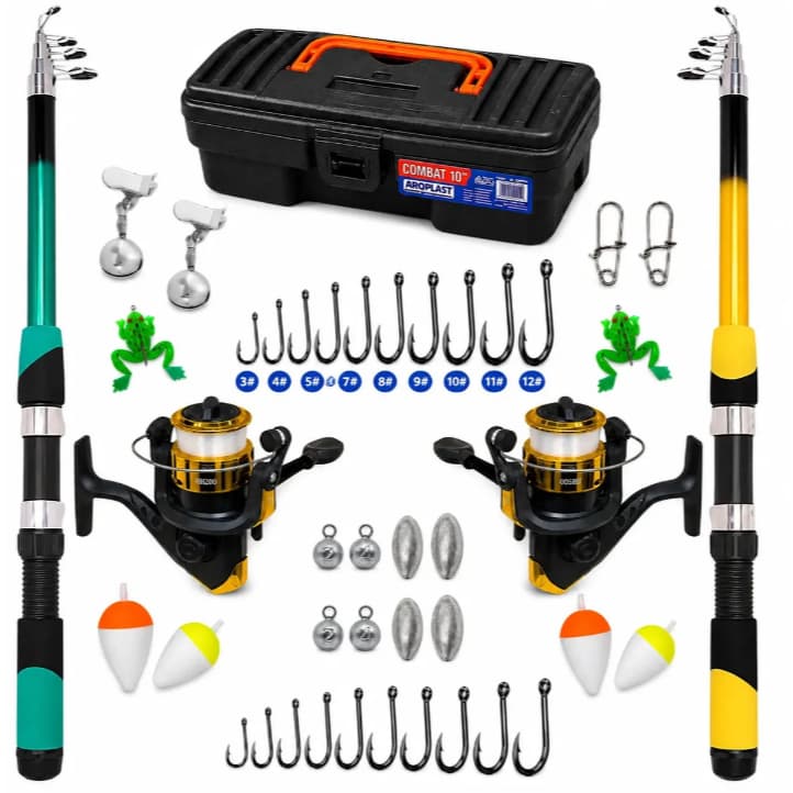 Kit Pesca Super Completo Premium 2 Varas, 2 Molinetes, Maleta, Anzóis, Iscas, Boias, Chumbadas e Giradores