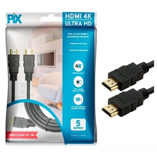 Cabo HDMI 2.0 5m Pix 4K HDR Revestido Ouro Compatível TV