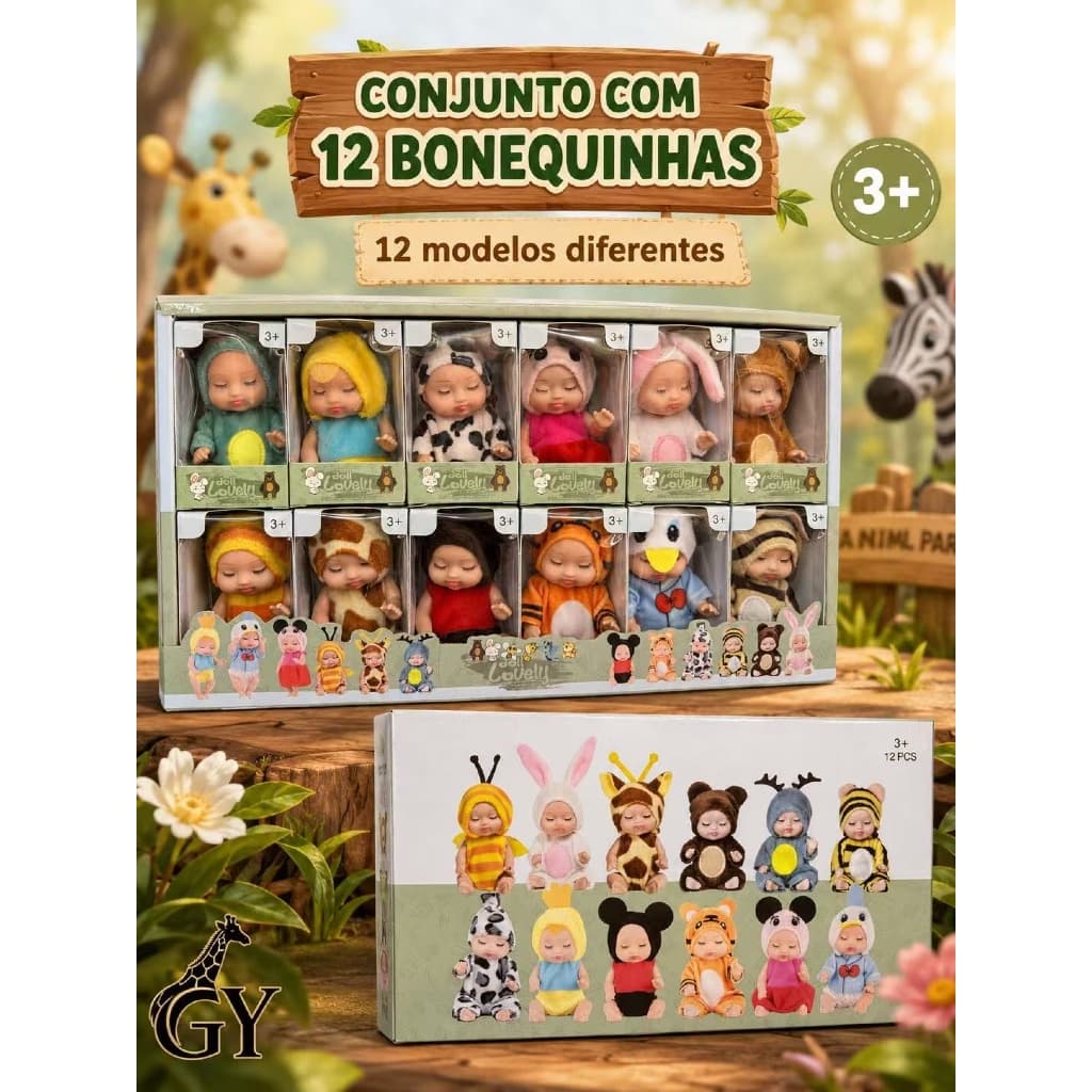 Kit com 12 Mini Bonecas em Fantasias de Animais para Colecionar Brinquedo Infantil 3+