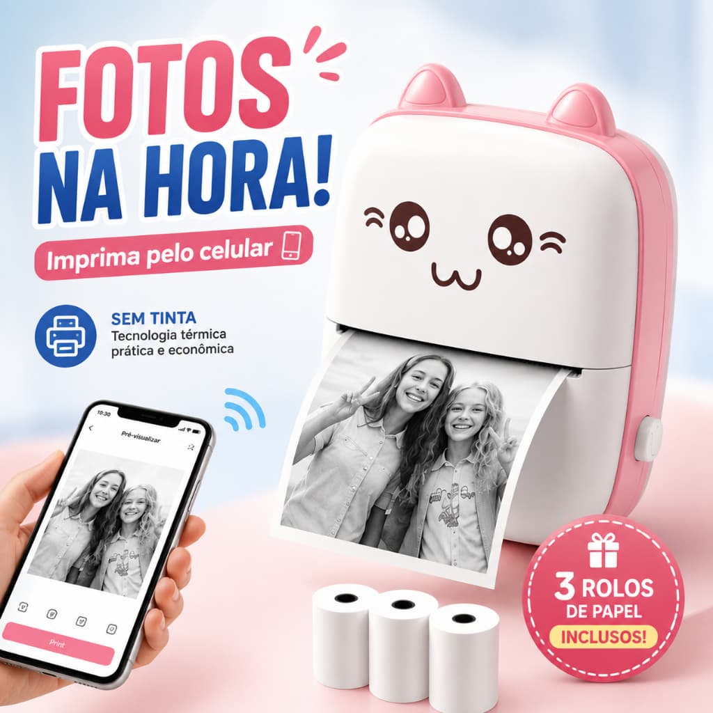 Mini Impressora Térmica Portátil Imprima Fotos e Desenhos Animados Sem Fio para Android e iOS