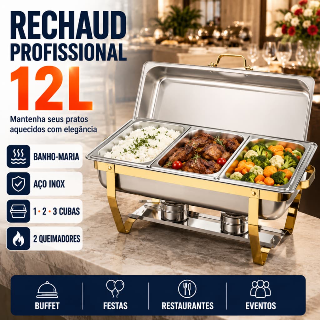 Rechaud Inox 12L Profissional Banho-Maria 1 2 ou 3 Cubas com 2 Queimadores para Buffet Festas Eventos