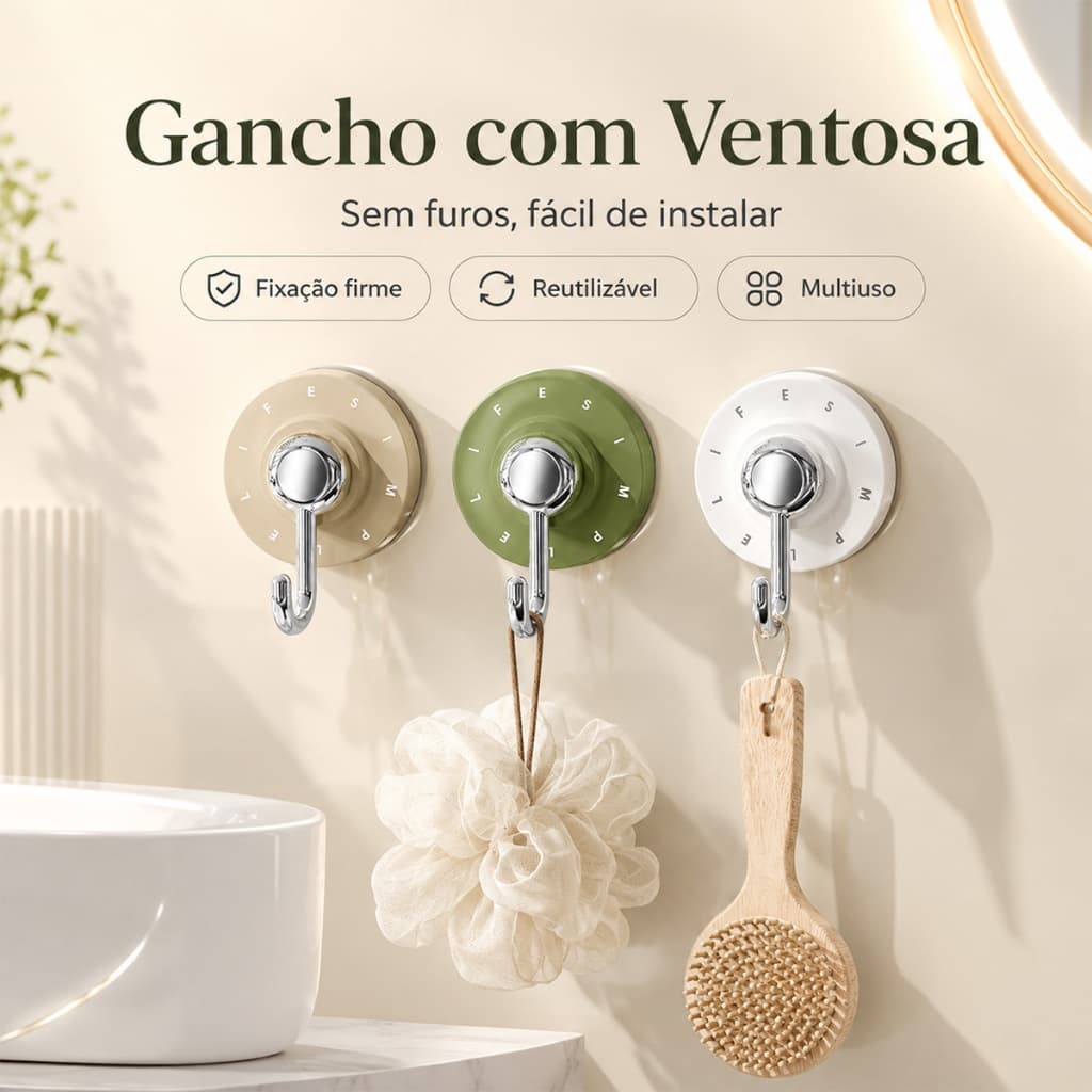 kit3 gancho de parede com Ventosa Sem Furos Reutilizável Fixação Firme Para Banheiro Cozinha