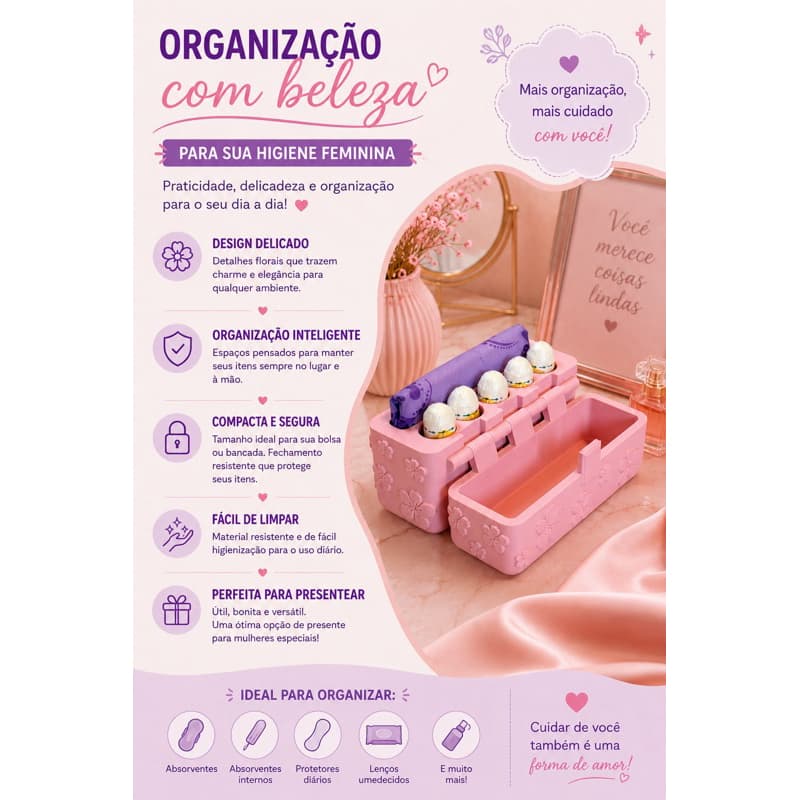 Estojo de Higiene Feminina Floral | Organizador de Absorventes | Com ou Sem Compartimentos | Porta Absorvente Feminino