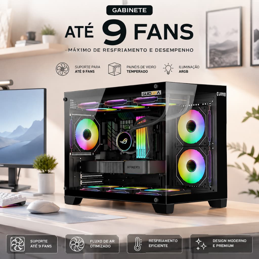 Gabinete Gamer Clanm Guidora Preto Vidro Temperado Mid Tower Suporta 3 Fans 140mm ATX Micro-ATX PC