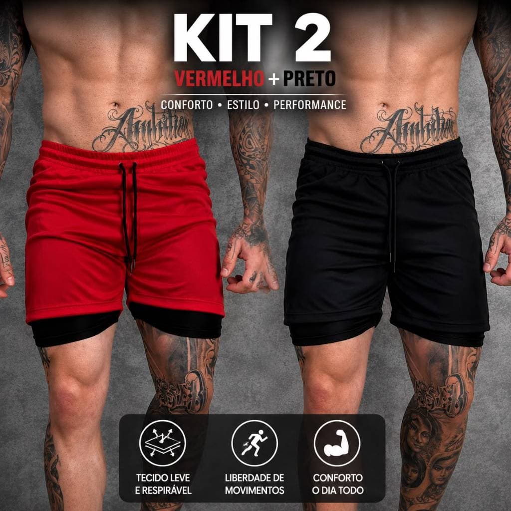 Kit 2 Shorts 2 em 1 Bike Rider Masculino Dry Fit Esportivo Para Academia E Corrida