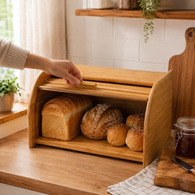 Porta Pão Bambu Grande 40cm Tampa Retrátil Armazenamento de Pães Bolachas