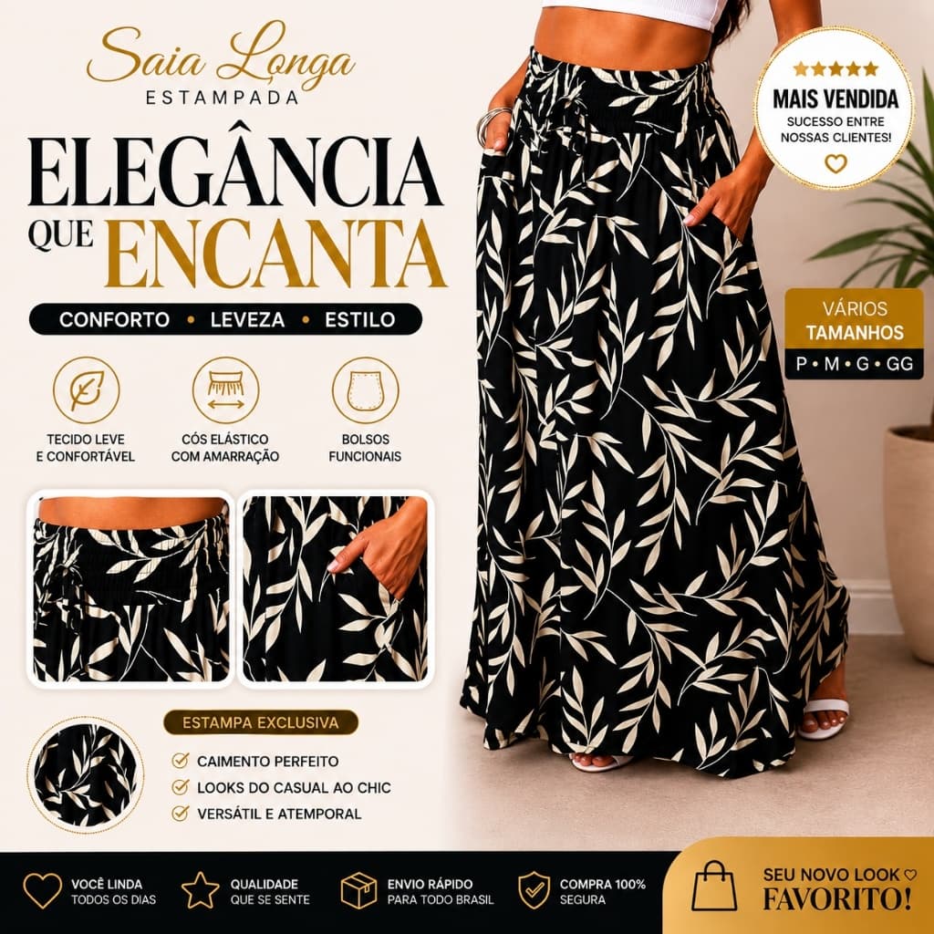 Saia Longa Viscolinho Premium Com Bolsos Com Fenda Lateral Forrada Moda Casual