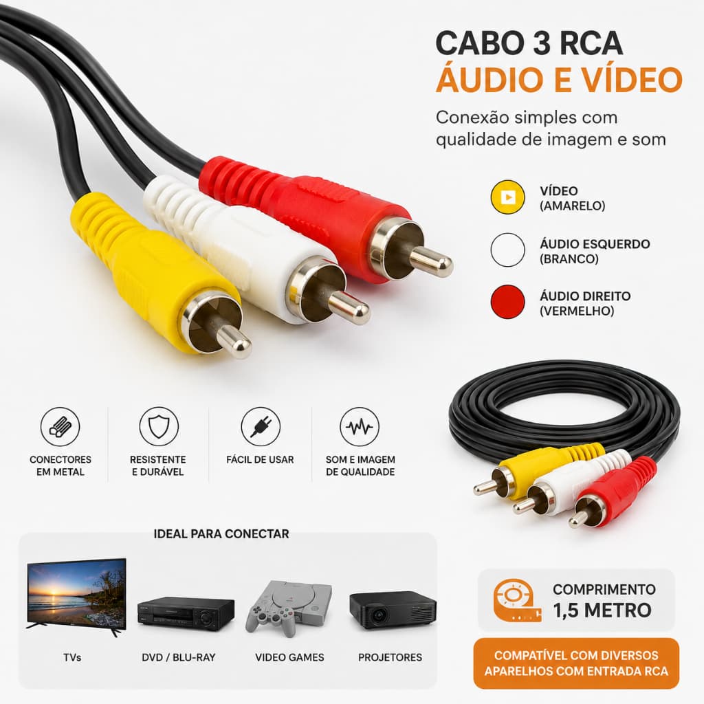 Cabo RCA Triplo 3x3 AV 1.5 Metros Reforçado Para TV de Tubo e Receptores