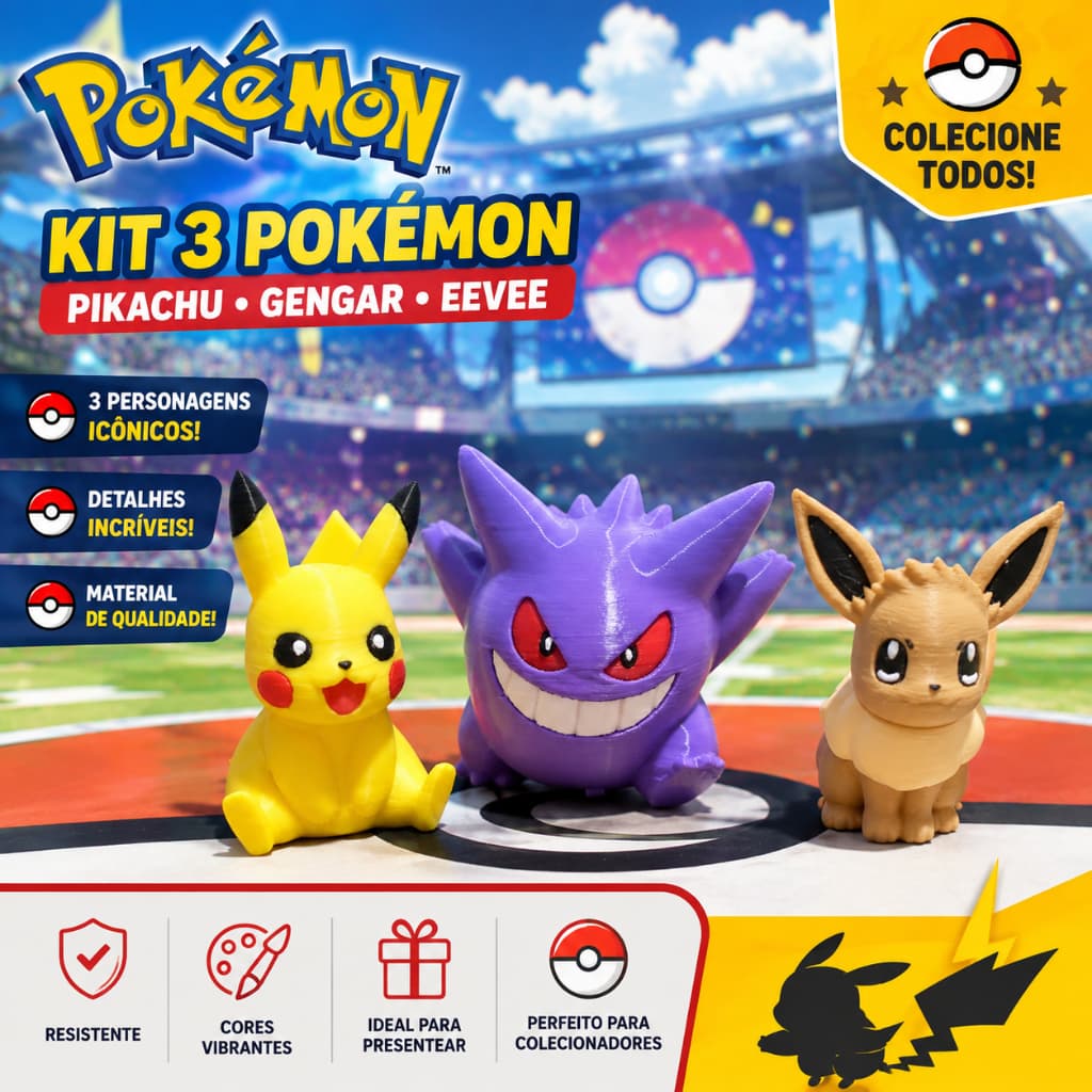 Kit 3 Miniaturas Pokémon 5cm | Pikachu, Gengar e Eevee | Bonecos Colecionáveis