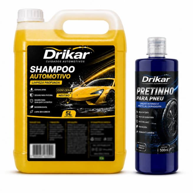 Kit 1L Shampoo Automotivo com Cera + Pretinho 500ml Drikar. Limpeza Brilho e Pneus Renovados em um Só Kit.