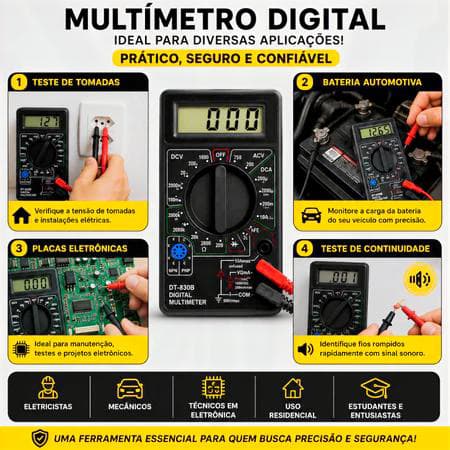 Multimetro Digital Voltagem Corrente Resistencia Portatil Display LCD Medidor Eletrico Preto Manual