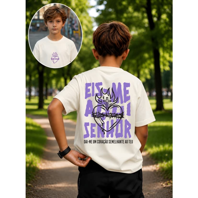 Camiseta Infantil Jesus Cristo Cruz Malha 30.1 100% Algodão Estilosa Cristão Eis Me Aqui Senhor
