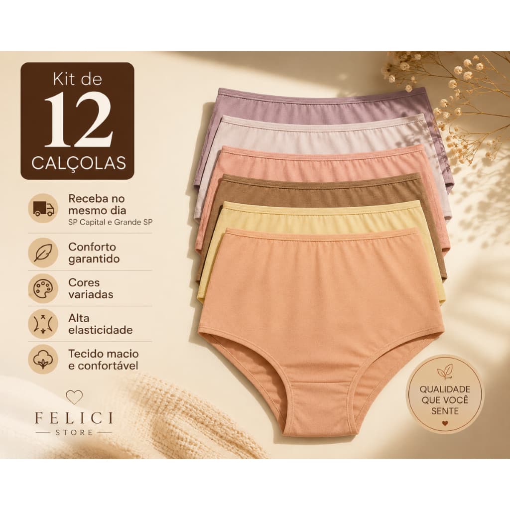 Kit 12 Calçola 100% Algodão Excelente Calcinha Para  Senhora Cós Alto Tamanho Grande