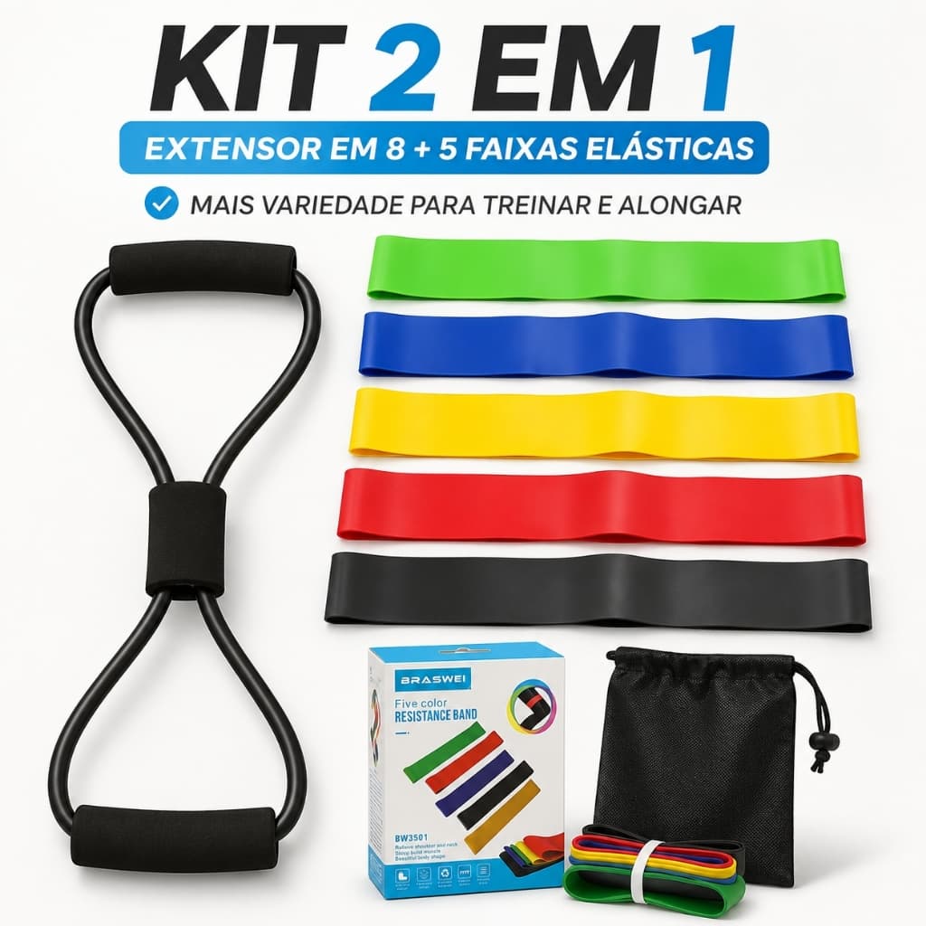 Faixas Elásticas Kit 6 Peças com 5 Faixas e Extensor em 8 para Alongamento e Treino em Casa