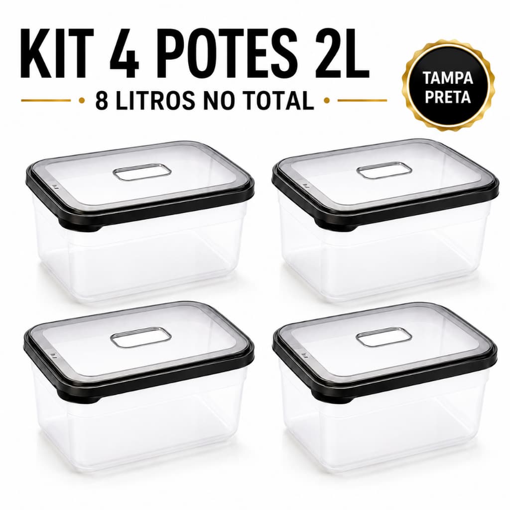 Kit 4 Potes Plásticos Helsim 2L com Tampa Preta 8L Total Organizador de Cozinha