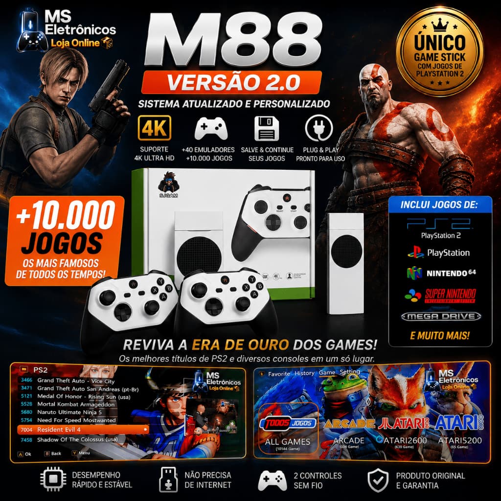 Game Stick M88 Original com Playstation 2 Sistema Atualizado MS 2.0 128GB +2 Controles Recarregáveis
