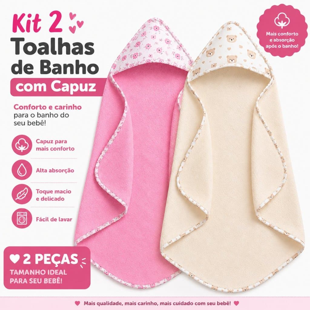 Kit 2 Toalhas de Banho Bebê Soft Infantil Dupla Face Capuz Forrado com Fralda 100% Algodão