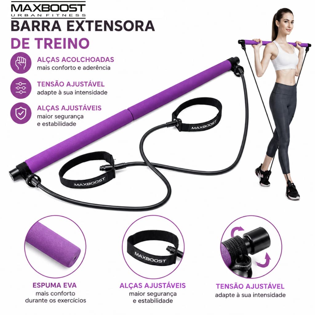 Barra Pilates Bastão Exercicios Aparelho Elastico Roxo Rosa Alongamento Academia Maxboost