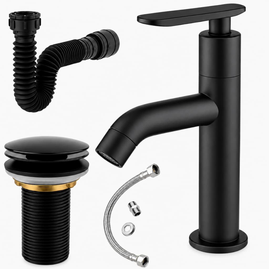 Kit Banheiro Lavabo Preto Torneira Bica Alta ABS Bancada Válvula Click 7/8 + Sifão + Engate 40cm Pia