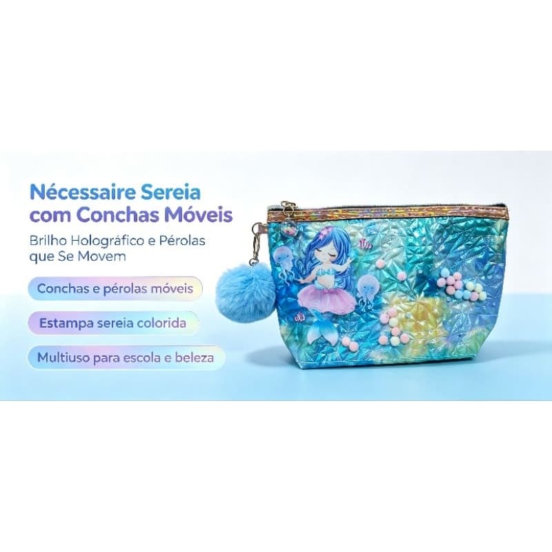 Estojo Necessaire Sereia Holográfica Multiuso Infantil, Bolinhas de Pelúcia Móveis, Chaveiro Pompom,