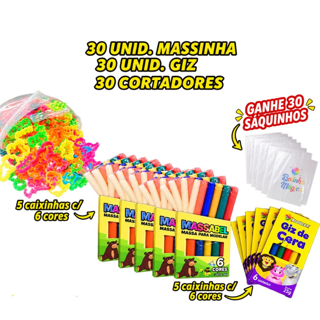 Kit 30 Unidades Massinha Modelar + 30 Unidades Giz+ 30 Cortadores + Ganhe 30 Saquinho Lembrancinha