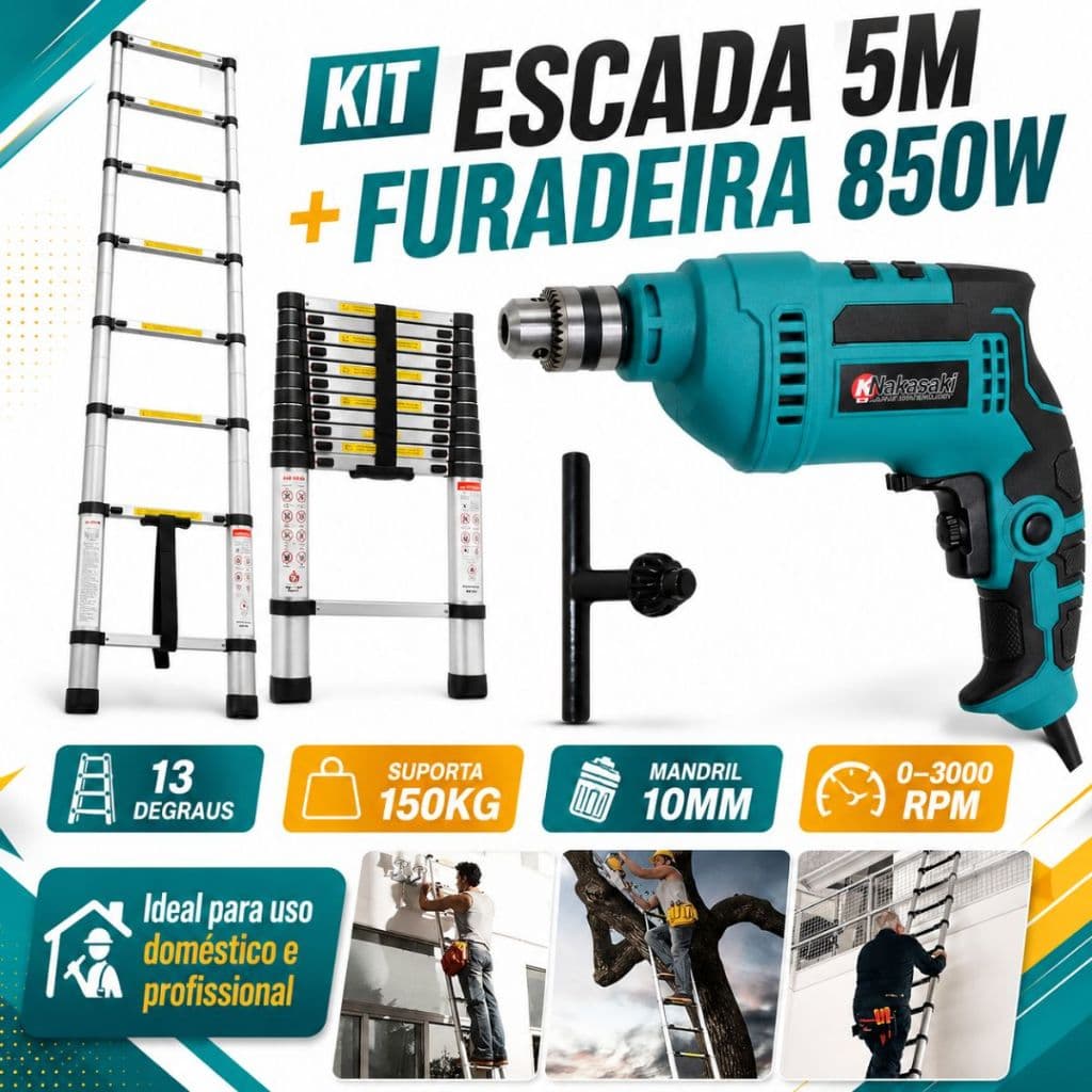 Kit Furadeira 10mm 850W 110V Escada Telescópica Reta 5m 13 Degraus Suporta 150kg Compacta Ideal Para Obra E manutenções