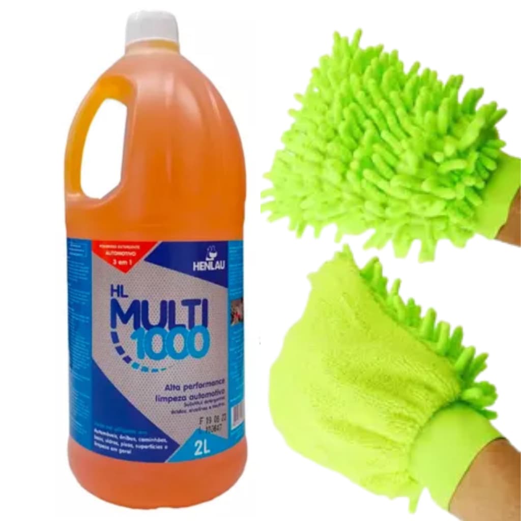 Multi 1000 Detergente 3 em 1 Henlau Shampoo 2L + Luva Microfibra Lava Carro Moto Espuma