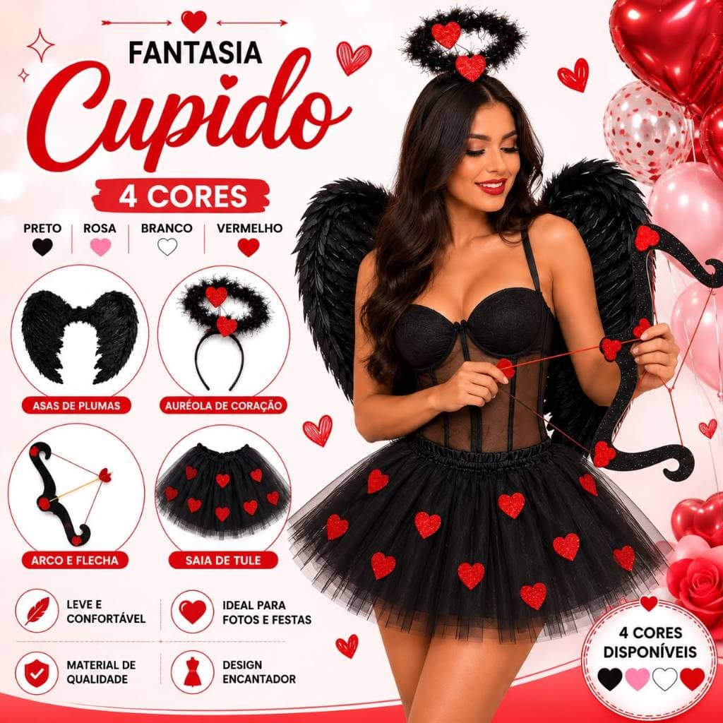 Fantasia Cupido do Amor Halloween Dia das Bruxas Festa Temática Acessório Feminino