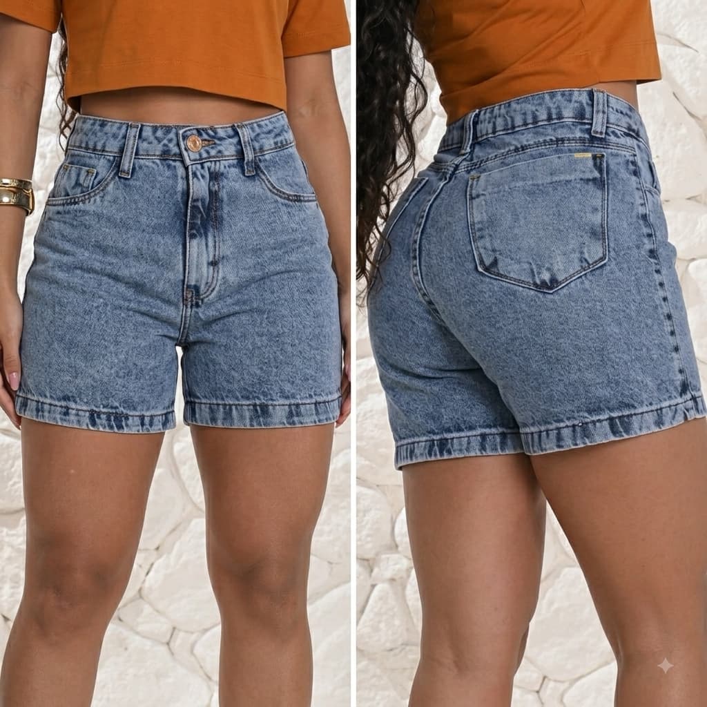 Short Jeans Mom Feminino Marmorizado Azul Sem Elastano Cintura Alta