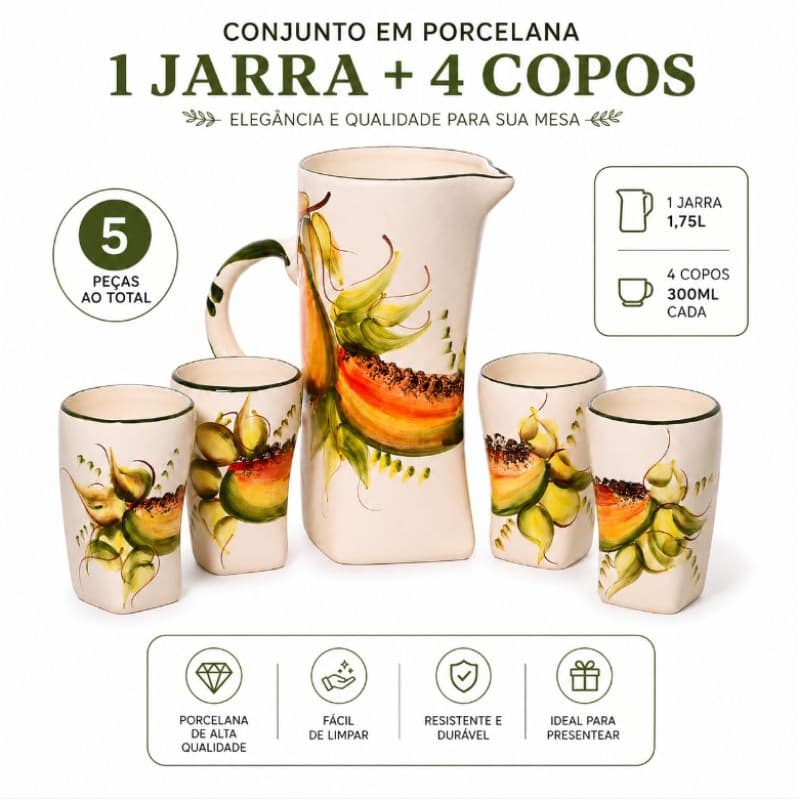 Jarra Porcelana 1,75L C/4 Copos 300ml Decorada Mesa Posta
