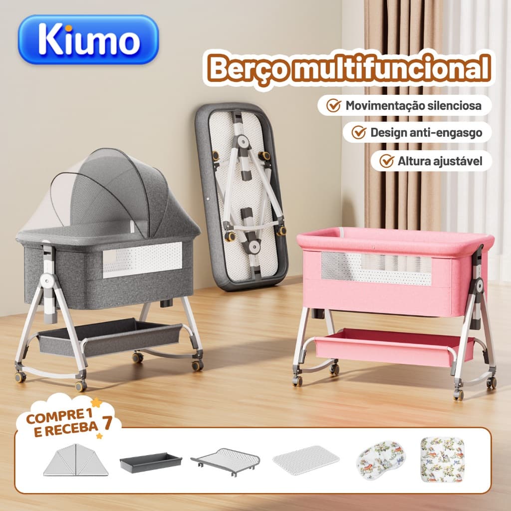 Kiumo Berço Bebê Portátil Multifuncional Moisés Co-Leito Co-Sleeper com Trocador Mosquiteiro Cinza Rosa Estrelas