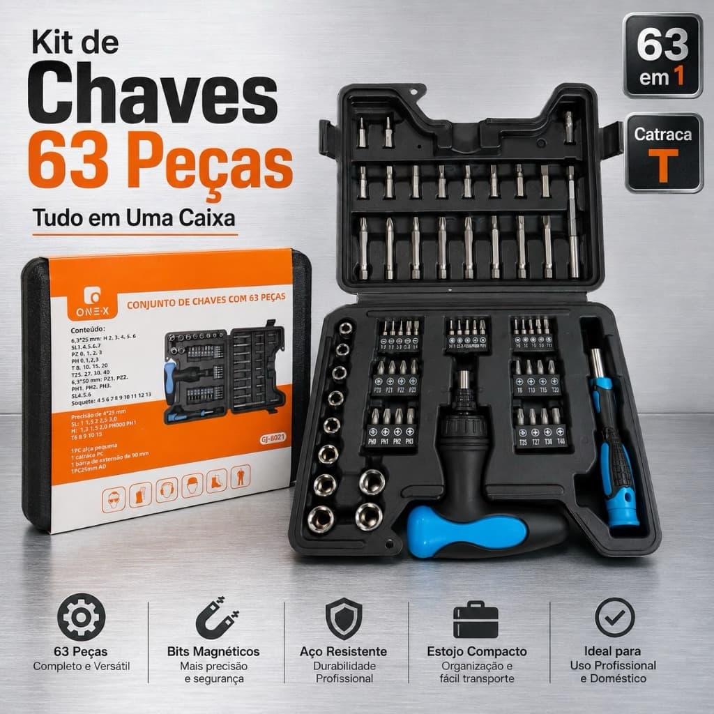 Kit de Chaves 63 Peças Catraca T Bits Magnéticos Aço Resistente Estilo Compacto Ideal para Uso Profissional e Doméstico
