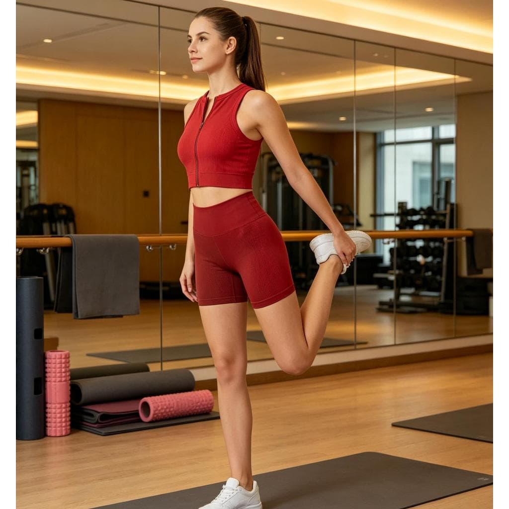 Conjunto fitness tecido canelado premium top zíper + short cintura alta