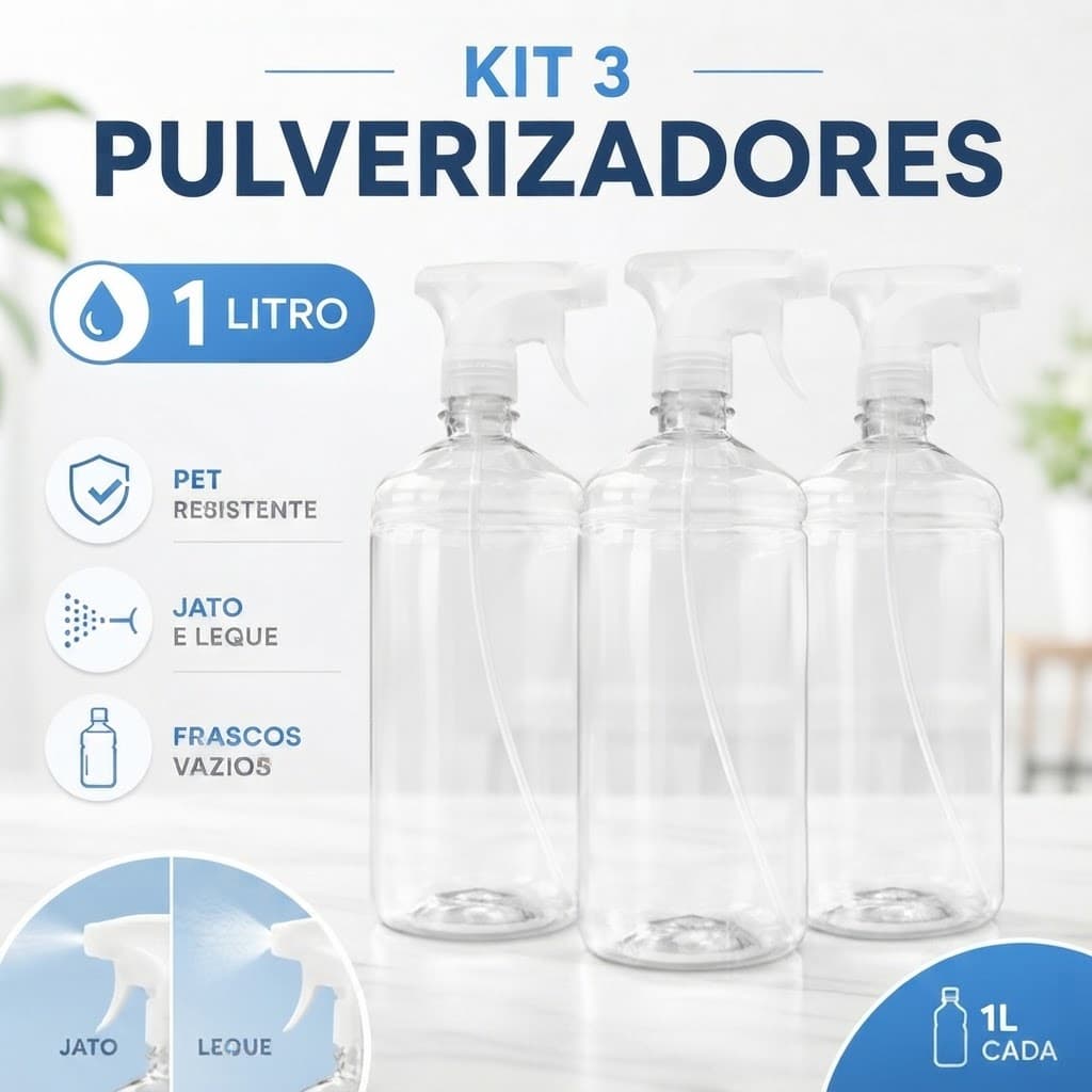 Kit 3 Pulverizador Borrifador 1 Litro PET Resistente Jato Leque Água Álcool Limpeza Jardim