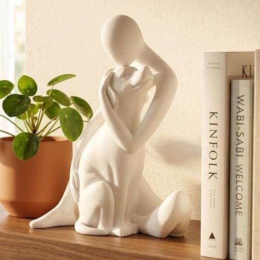 Estátua Abraço Cão Escultura Decorativa Cachorro Minimalista Enfeite de Mesa Presente Mãe de Pet 15cm Branco